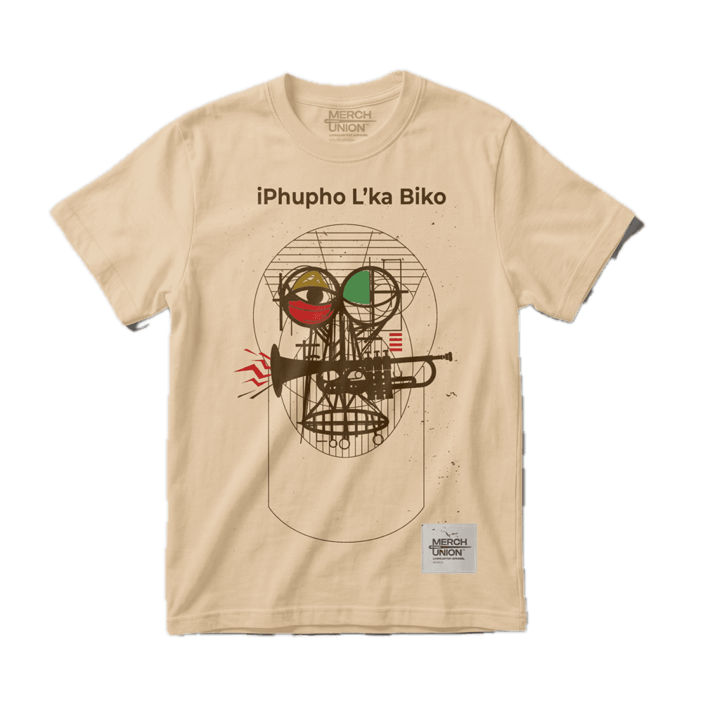 Light brown T-shirt with a large line drawing of a geometric face with red, gold and green eyes and a trumpet, under the words iPhupho L'ka Biko